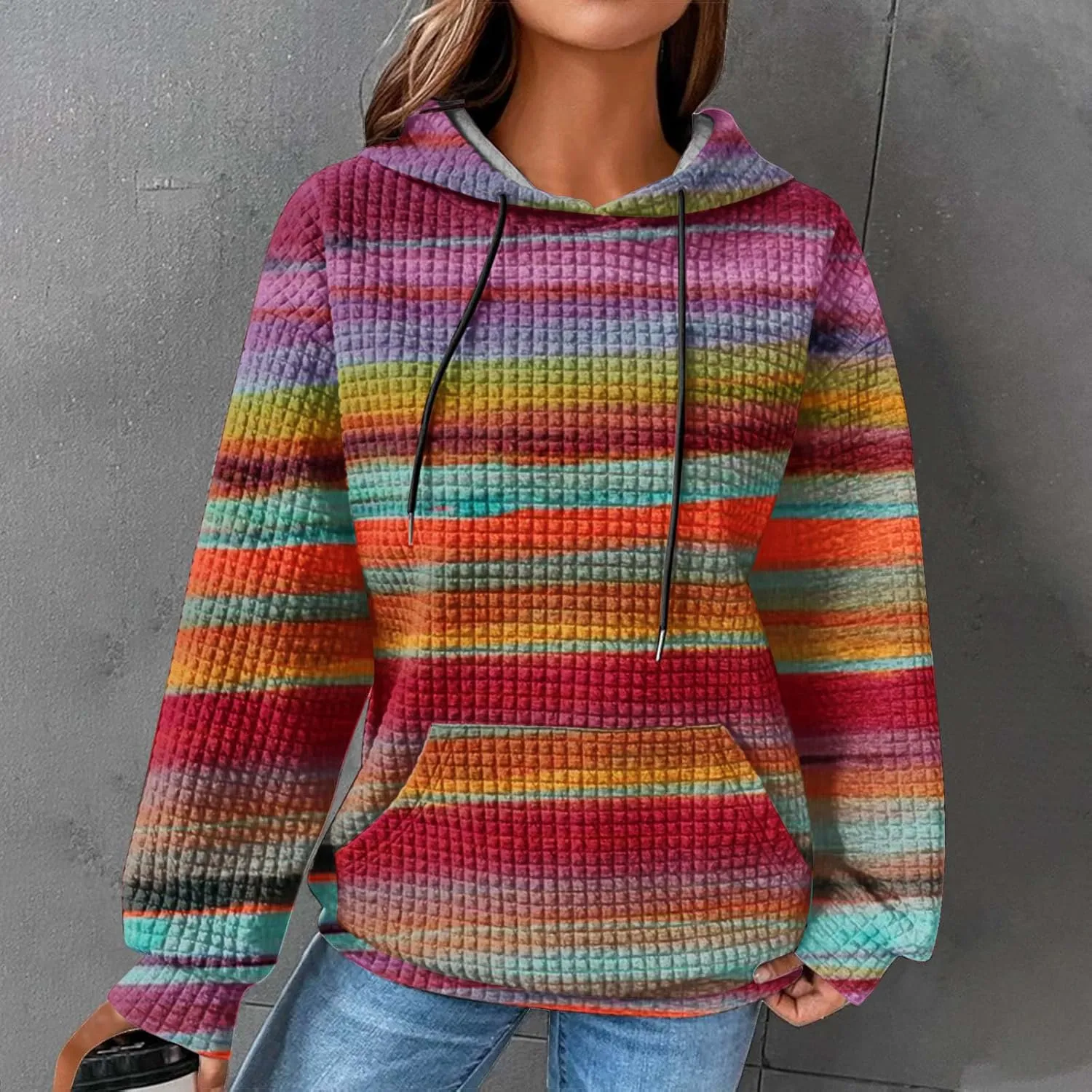 2024 Womens Waffle Hoodies Multicolored Casual Trendy Sweatshirt with Drawstring Hood Long Sleeve Pullover Sweater