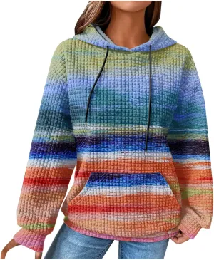 2024 Womens Waffle Hoodies Multicolored Casual Trendy Sweatshirt with Drawstring Hood Long Sleeve Pullover Sweater