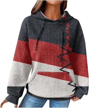 2024 Womens Waffle Hoodies Multicolored Casual Trendy Sweatshirt with Drawstring Hood Long Sleeve Pullover Sweater