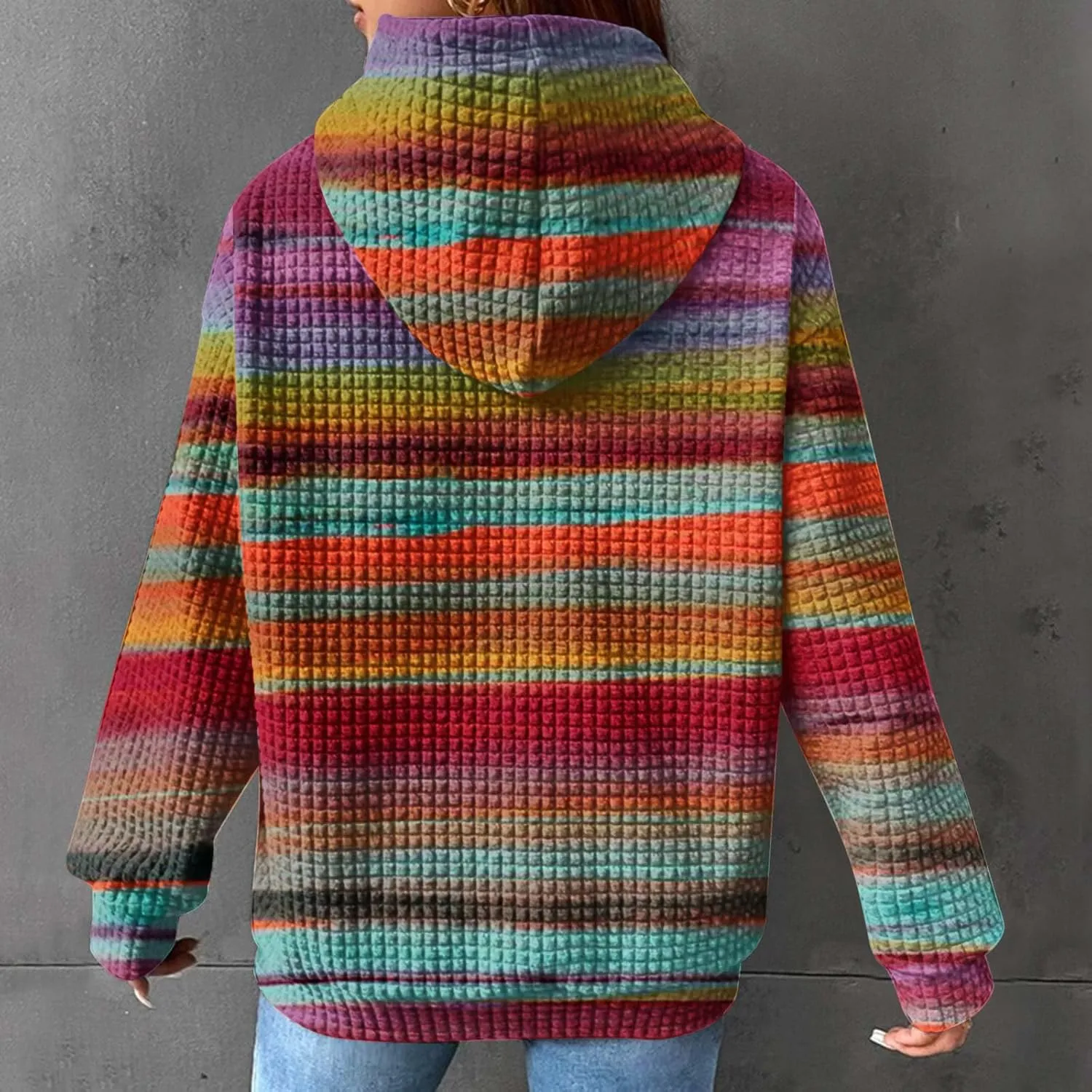 2024 Womens Waffle Hoodies Multicolored Casual Trendy Sweatshirt with Drawstring Hood Long Sleeve Pullover Sweater