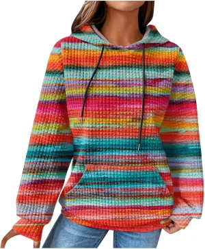 2024 Womens Waffle Hoodies Multicolored Casual Trendy Sweatshirt with Drawstring Hood Long Sleeve Pullover Sweater