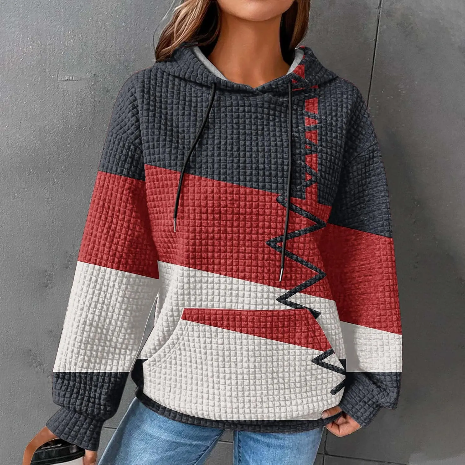 2024 Womens Waffle Hoodies Multicolored Casual Trendy Sweatshirt with Drawstring Hood Long Sleeve Pullover Sweater
