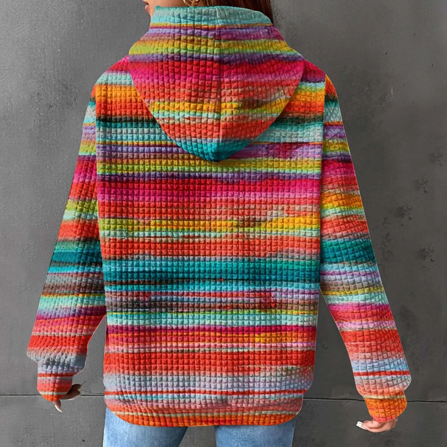 2024 Womens Waffle Hoodies Multicolored Casual Trendy Sweatshirt with Drawstring Hood Long Sleeve Pullover Sweater