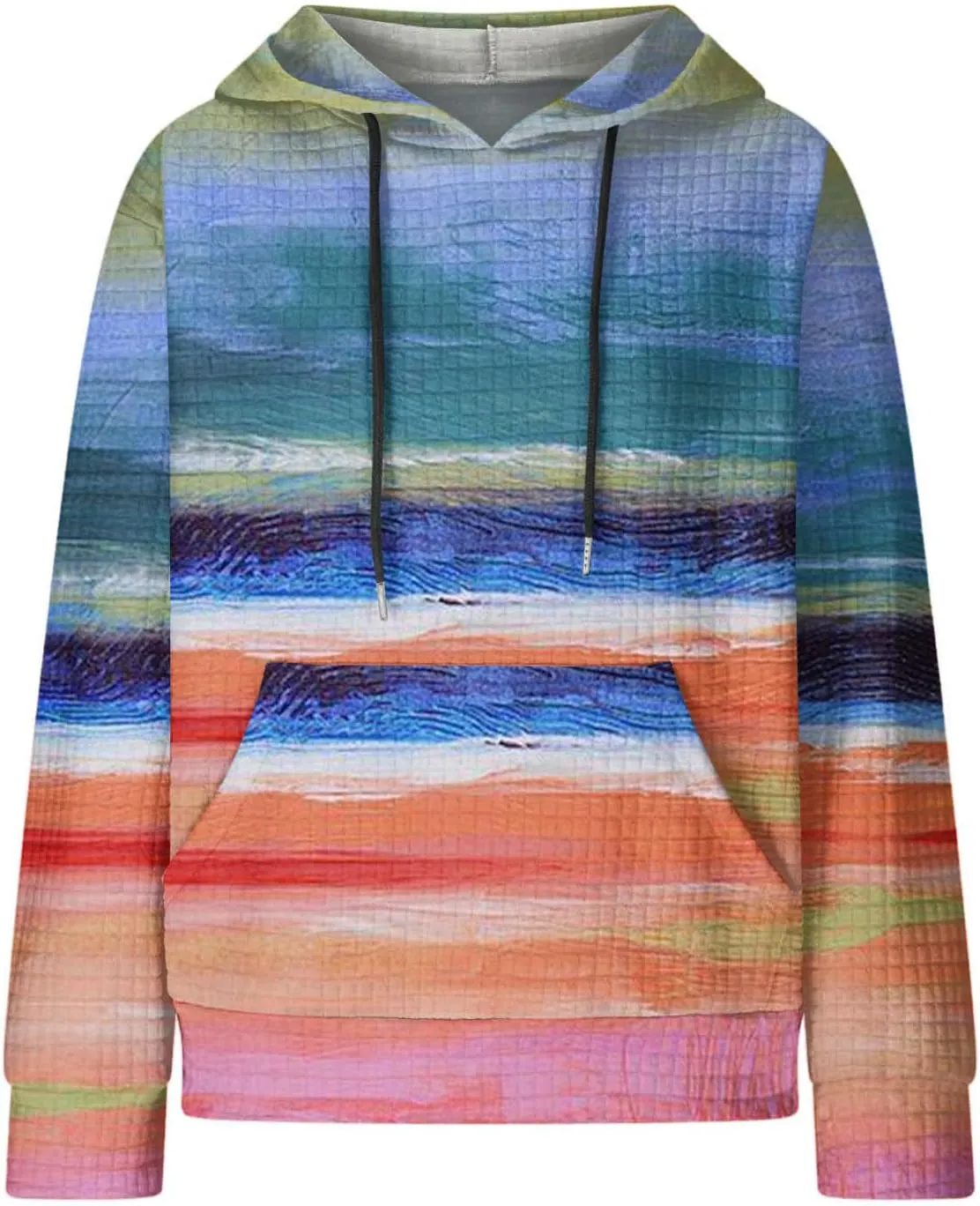 2024 Womens Waffle Hoodies Multicolored Casual Trendy Sweatshirt with Drawstring Hood Long Sleeve Pullover Sweater