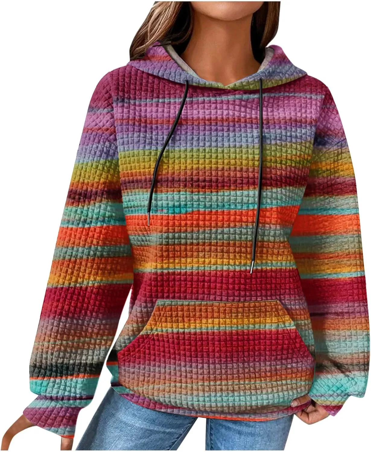 2024 Womens Waffle Hoodies Multicolored Casual Trendy Sweatshirt with Drawstring Hood Long Sleeve Pullover Sweater