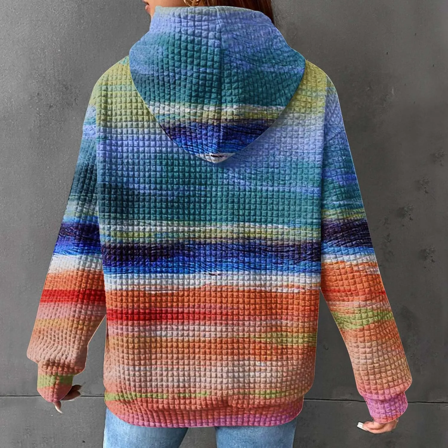 2024 Womens Waffle Hoodies Multicolored Casual Trendy Sweatshirt with Drawstring Hood Long Sleeve Pullover Sweater