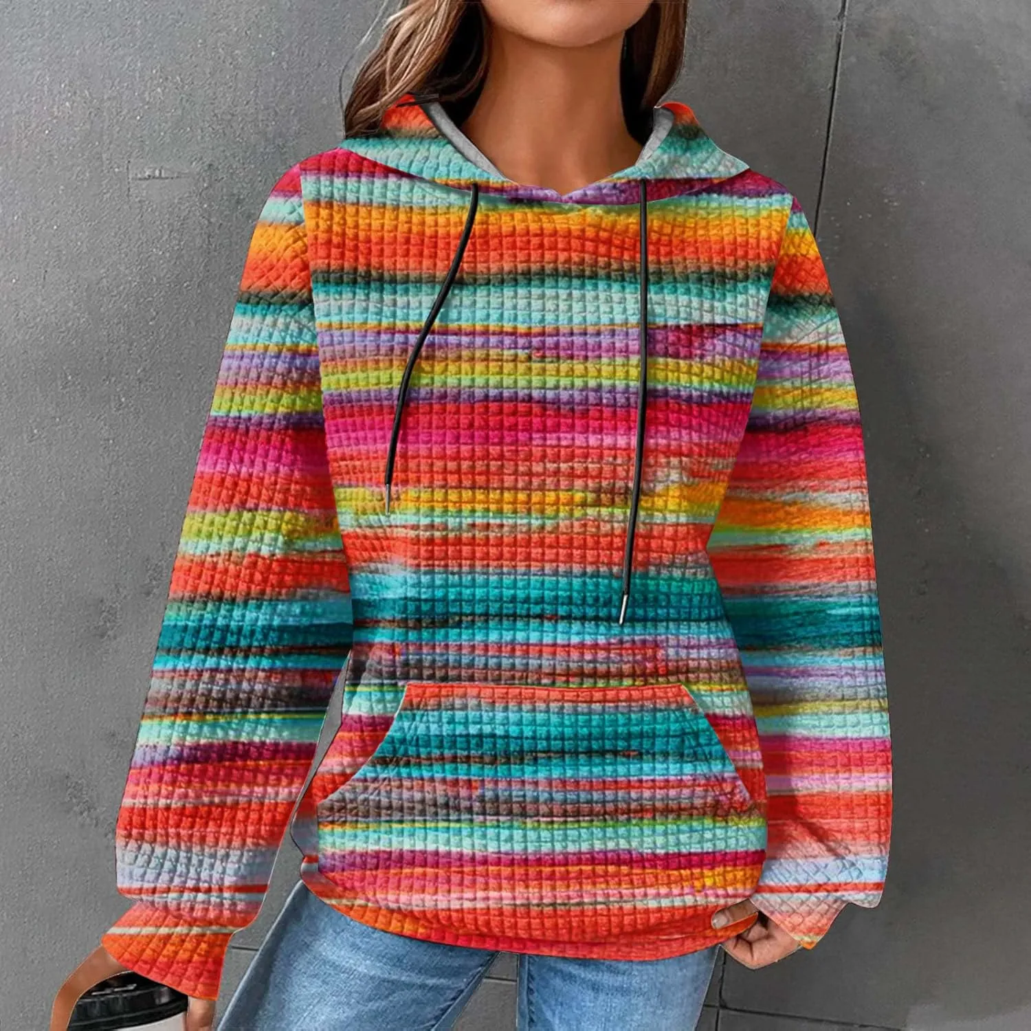 2024 Womens Waffle Hoodies Multicolored Casual Trendy Sweatshirt with Drawstring Hood Long Sleeve Pullover Sweater