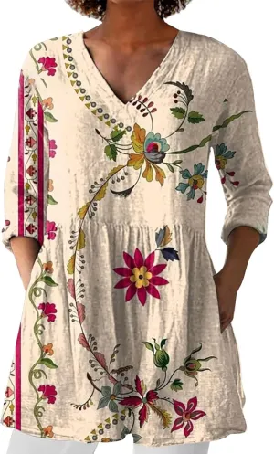 2025 Women Cotton Linen Boho Tops Casual Floral Graphic V Neck Blouses Vintage Long Sleeve Shirt Vacation Tunics