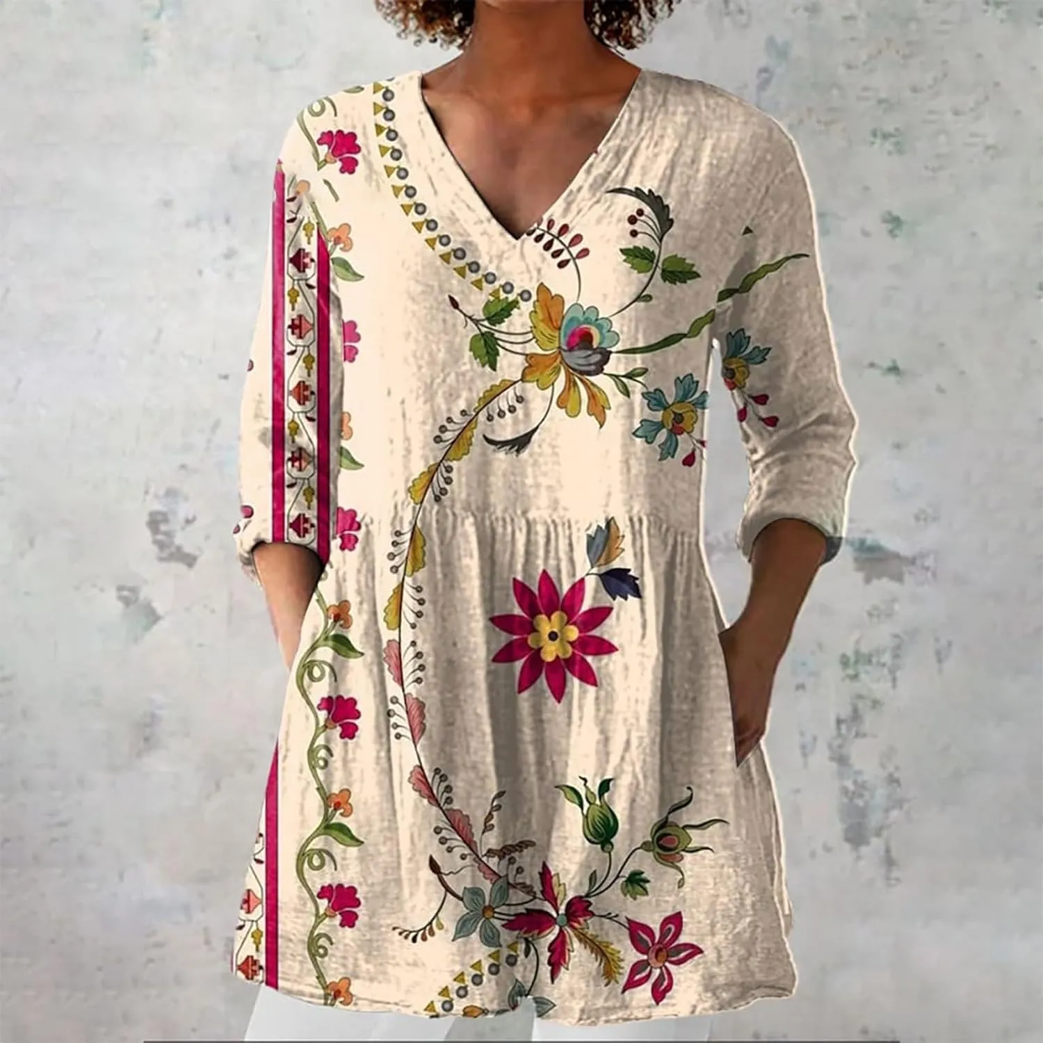 2025 Women Cotton Linen Boho Tops Casual Floral Graphic V Neck Blouses Vintage Long Sleeve Shirt Vacation Tunics
