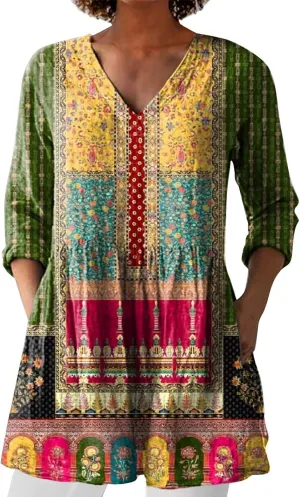 2025 Women Cotton Linen Boho Tops Casual Floral Graphic V Neck Blouses Vintage Long Sleeve Shirt Vacation Tunics