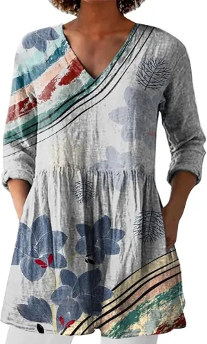 2025 Women Cotton Linen Boho Tops Casual Floral Graphic V Neck Blouses Vintage Long Sleeve Shirt Vacation Tunics