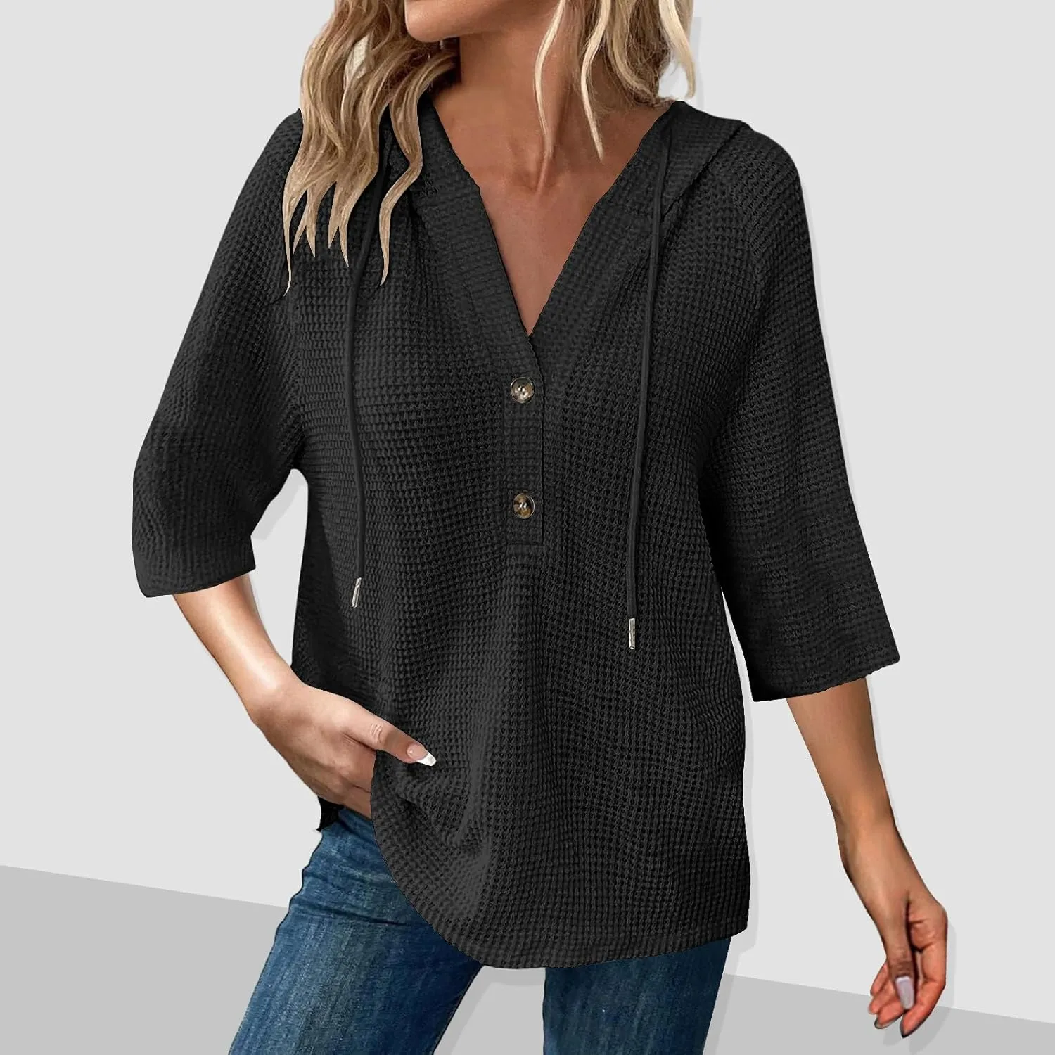 3/4 Length Sleeve Spring Tops for Women 2025 Waffle Knit Hooded Shirts Drawstring Buttons V Neck Blouses Comfy Clothes