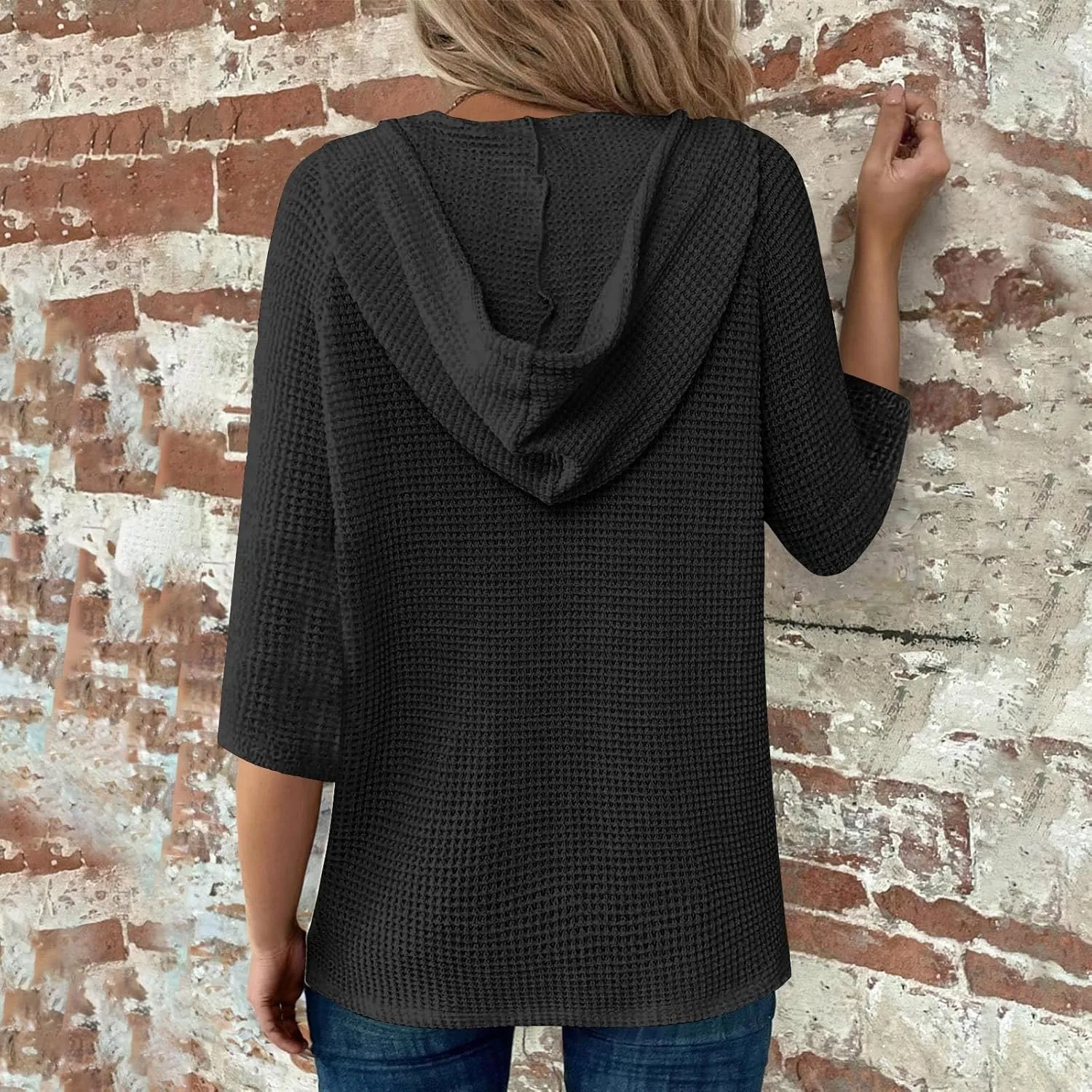 3/4 Length Sleeve Spring Tops for Women 2025 Waffle Knit Hooded Shirts Drawstring Buttons V Neck Blouses Comfy Clothes