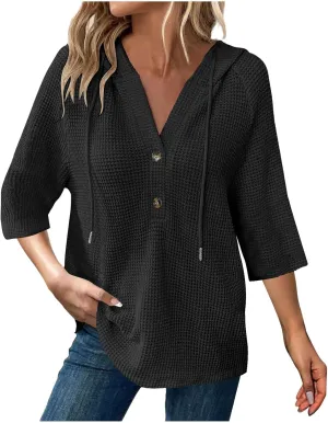 3/4 Length Sleeve Spring Tops for Women 2025 Waffle Knit Hooded Shirts Drawstring Buttons V Neck Blouses Comfy Clothes