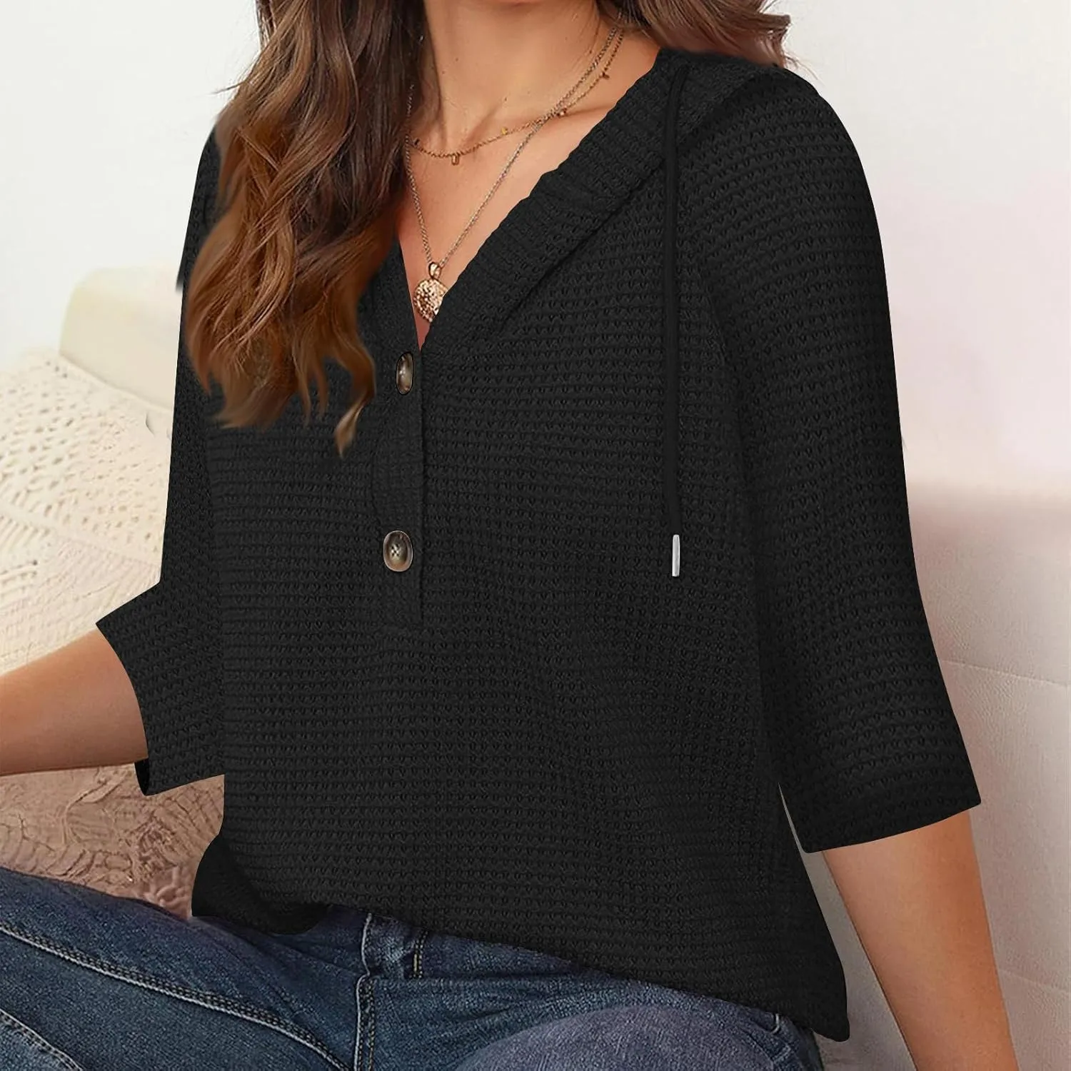 3/4 Length Sleeve Spring Tops for Women 2025 Waffle Knit Hooded Shirts Drawstring Buttons V Neck Blouses Comfy Clothes