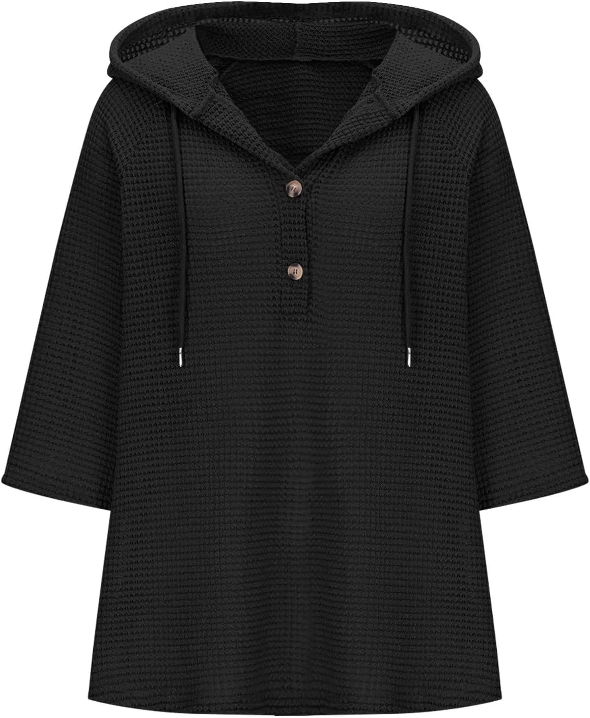 3/4 Length Sleeve Spring Tops for Women 2025 Waffle Knit Hooded Shirts Drawstring Buttons V Neck Blouses Comfy Clothes