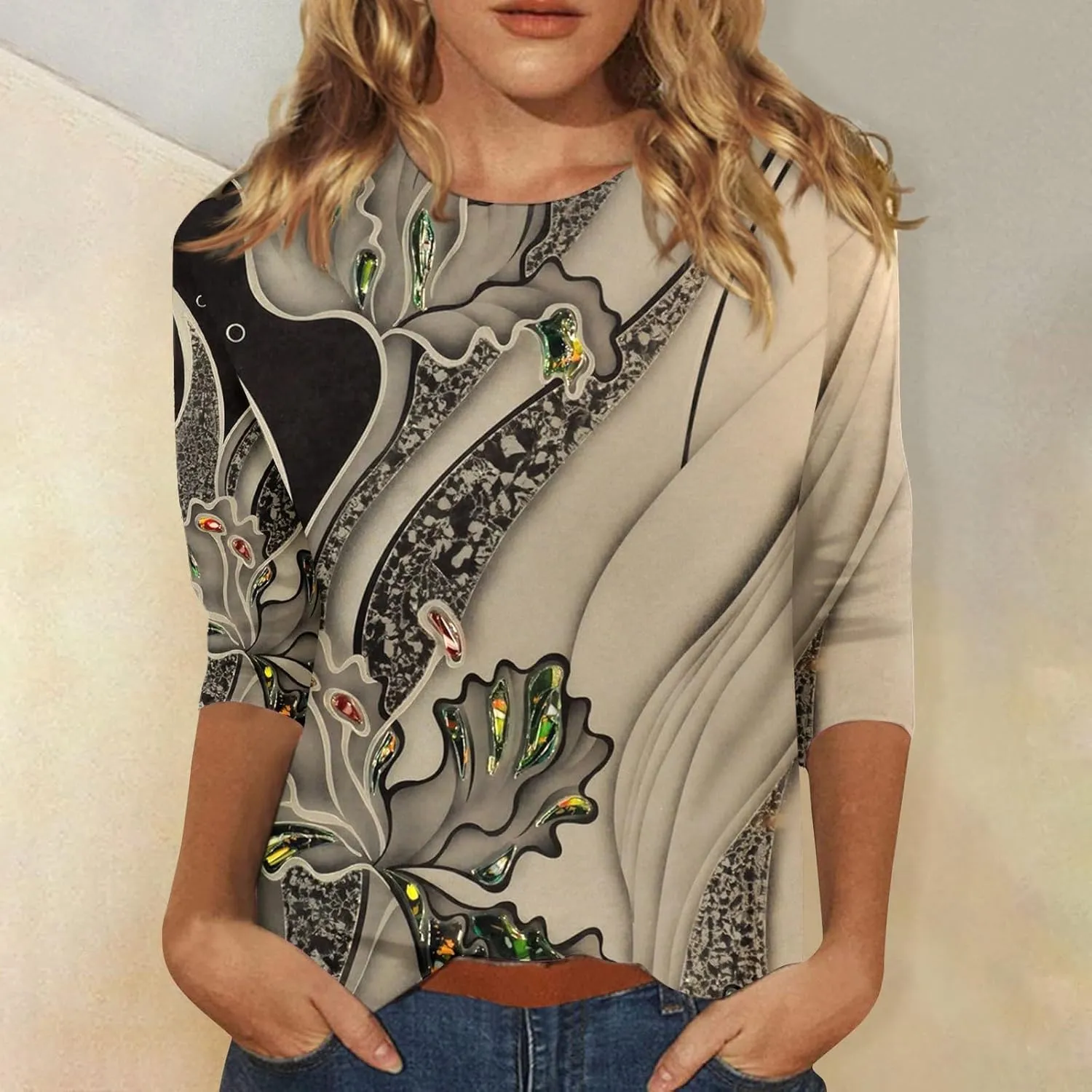 3/4 Length Sleeve Womens Tops Boho Printed Pullover Round Neck Casual Basic Blouses Loose Fit 3/4 Sleeve T Shirts