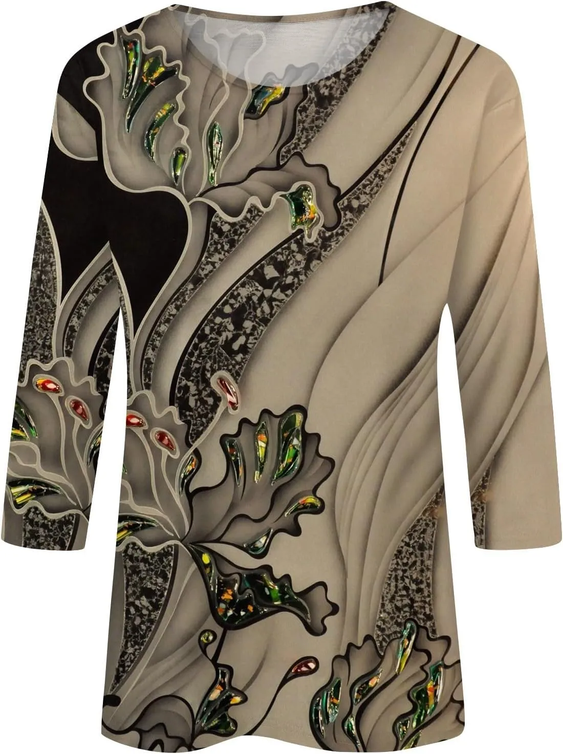 3/4 Length Sleeve Womens Tops Boho Printed Pullover Round Neck Casual Basic Blouses Loose Fit 3/4 Sleeve T Shirts
