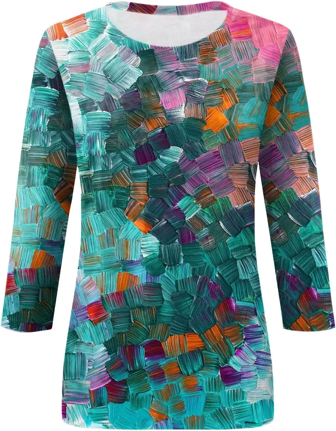 3/4 Length Sleeve Womens Tops Boho Printed Pullover Round Neck Casual Basic Blouses Loose Fit 3/4 Sleeve T Shirts
