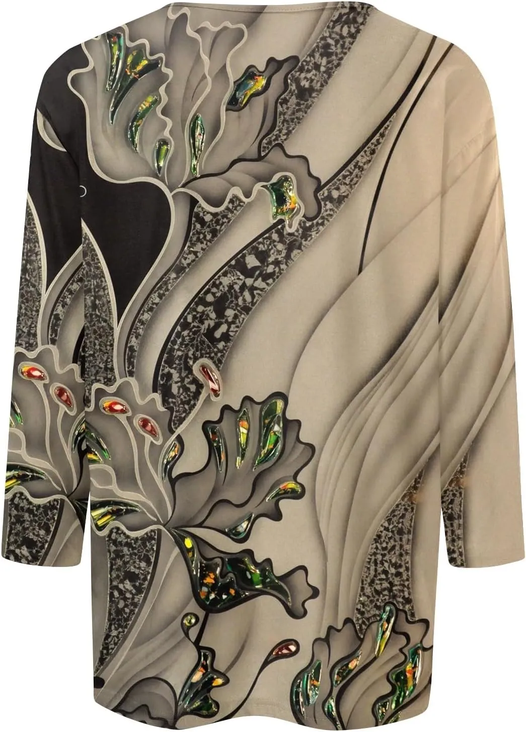 3/4 Length Sleeve Womens Tops Boho Printed Pullover Round Neck Casual Basic Blouses Loose Fit 3/4 Sleeve T Shirts