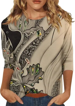 3/4 Length Sleeve Womens Tops Boho Printed Pullover Round Neck Casual Basic Blouses Loose Fit 3/4 Sleeve T Shirts