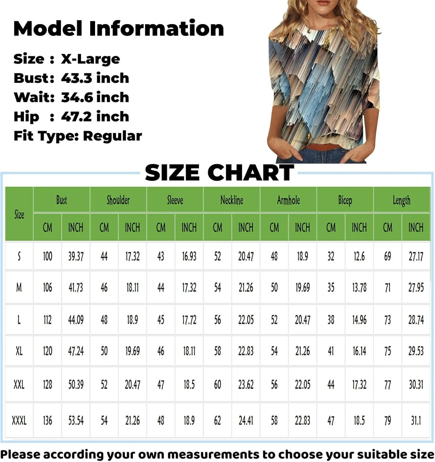 3/4 Length Sleeve Womens Tops Boho Printed Pullover Round Neck Casual Basic Blouses Loose Fit 3/4 Sleeve T Shirts