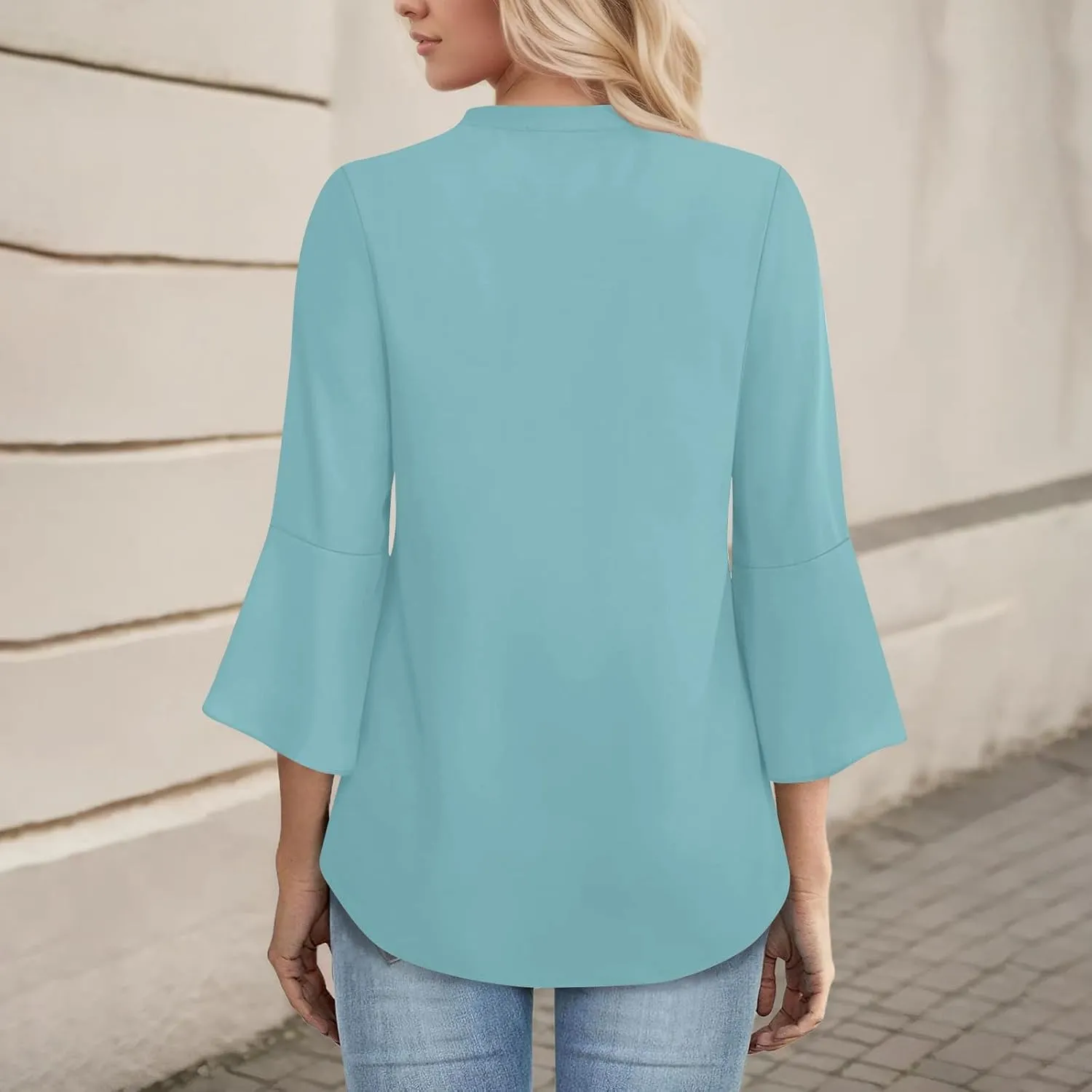 3/4 Length Sleeve Womens Tops V Neck Spring Outfits 2025 Trendy Petal Bell Sleeve Fitted Tunics Tops Shirts