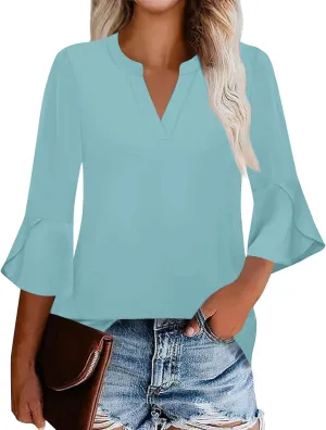 3/4 Length Sleeve Womens Tops V Neck Spring Outfits 2025 Trendy Petal Bell Sleeve Fitted Tunics Tops Shirts