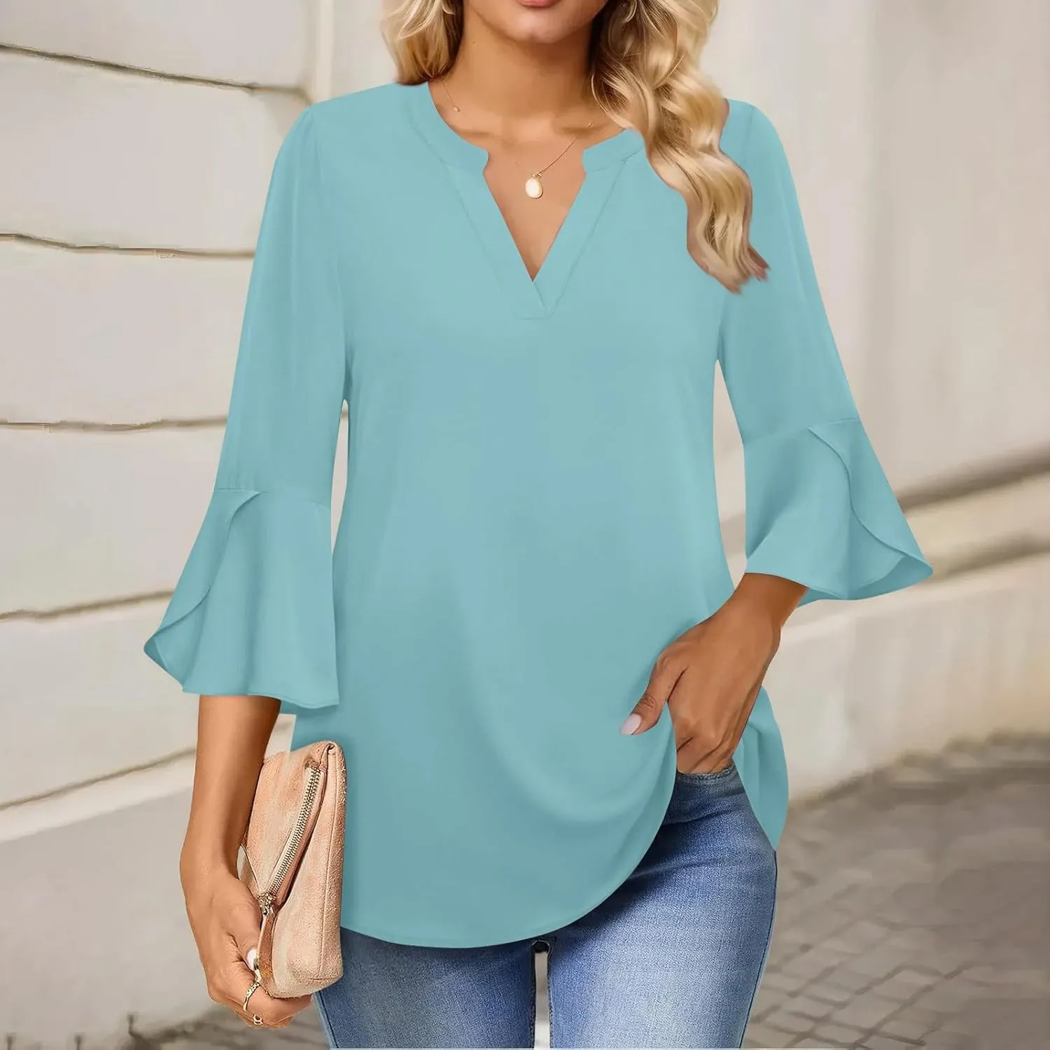 3/4 Length Sleeve Womens Tops V Neck Spring Outfits 2025 Trendy Petal Bell Sleeve Fitted Tunics Tops Shirts