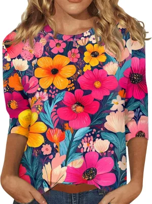 3/4 Sleeve Tops for Women 2025 Summer Casual Scoop Neck Boho Floral Tops for Women Business Work Blouses