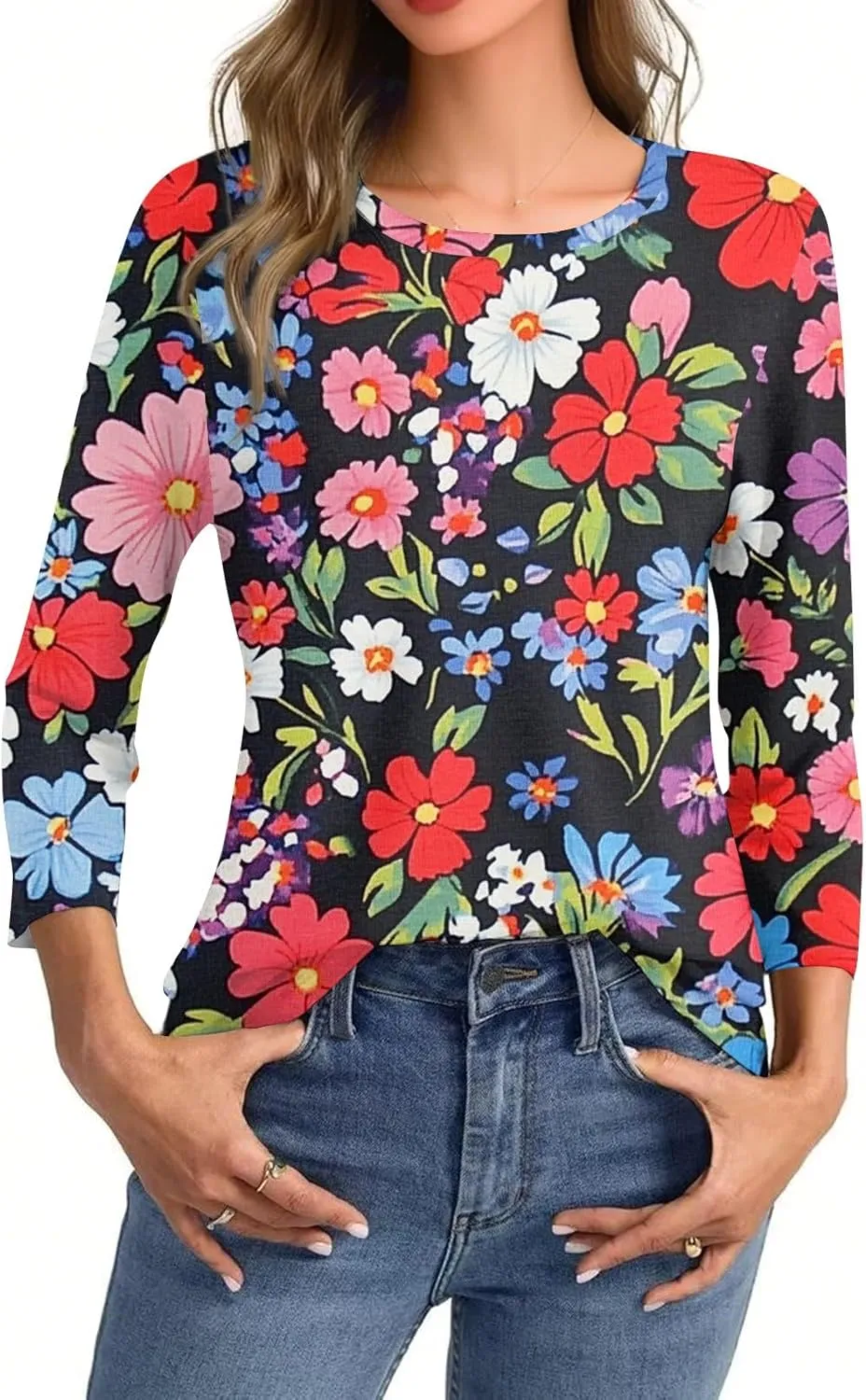 3/4 Sleeve Tops for Women 2025 Summer Casual Scoop Neck Boho Floral Tops for Women Business Work Blouses