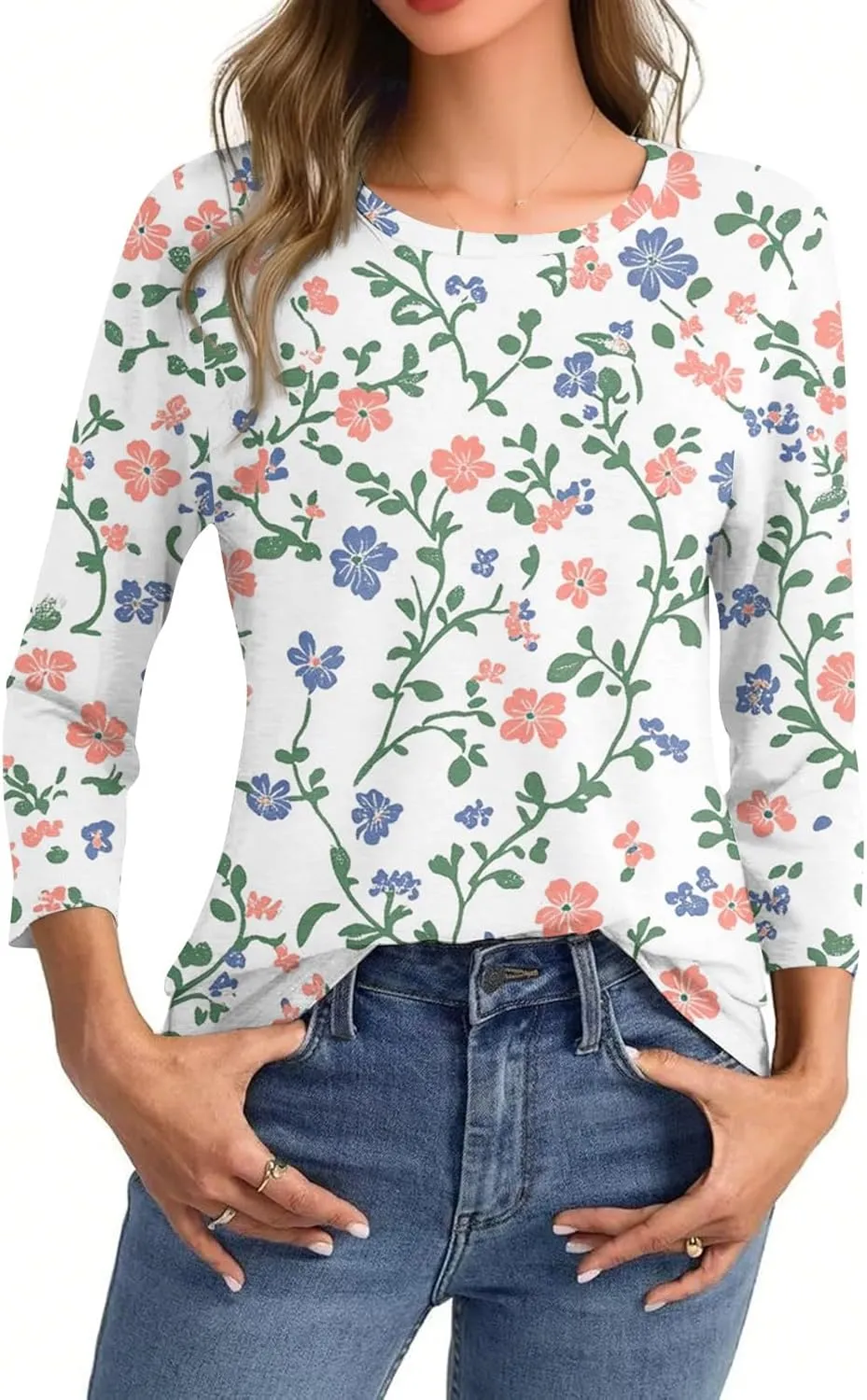 3/4 Sleeve Tops for Women 2025 Summer Casual Scoop Neck Boho Floral Tops for Women Business Work Blouses