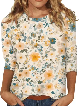 3/4 Sleeve Tops for Women 2025 Summer Casual Scoop Neck Boho Floral Tops for Women Business Work Blouses