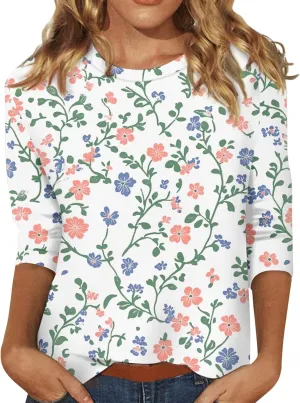 3/4 Sleeve Tops for Women 2025 Summer Casual Scoop Neck Boho Floral Tops for Women Business Work Blouses