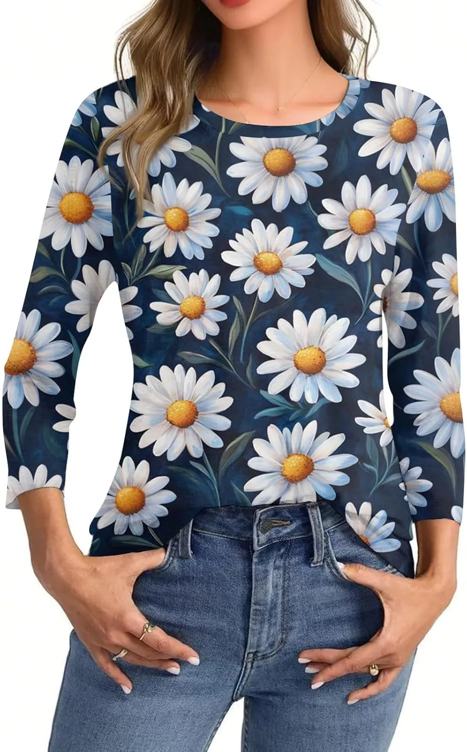 3/4 Sleeve Tops for Women 2025 Summer Casual Scoop Neck Boho Floral Tops for Women Business Work Blouses