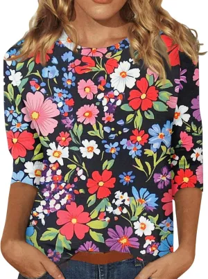 3/4 Sleeve Tops for Women 2025 Summer Casual Scoop Neck Boho Floral Tops for Women Business Work Blouses