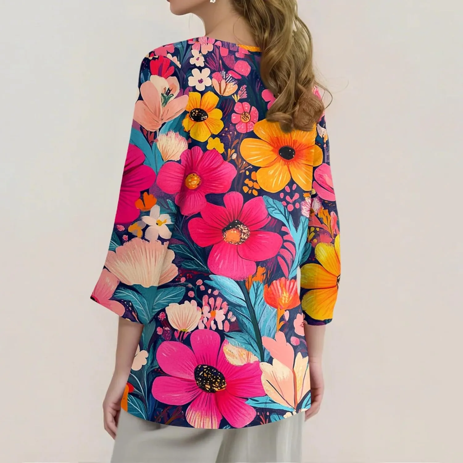 3/4 Sleeve Tops for Women 2025 Summer Casual Scoop Neck Boho Floral Tops for Women Business Work Blouses