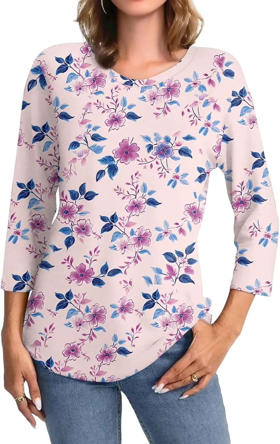 3/4 Sleeve Tops for Women 2025 Summer Casual Scoop Neck Boho Floral Tops for Women Business Work Blouses