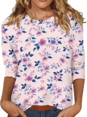 3/4 Sleeve Tops for Women 2025 Summer Casual Scoop Neck Boho Floral Tops for Women Business Work Blouses