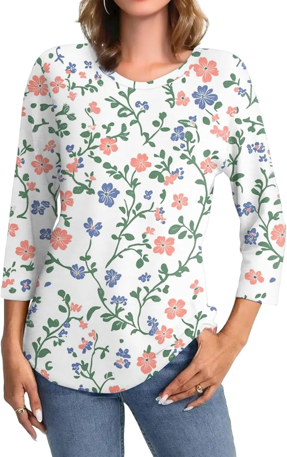 3/4 Sleeve Tops for Women 2025 Summer Casual Scoop Neck Boho Floral Tops for Women Business Work Blouses
