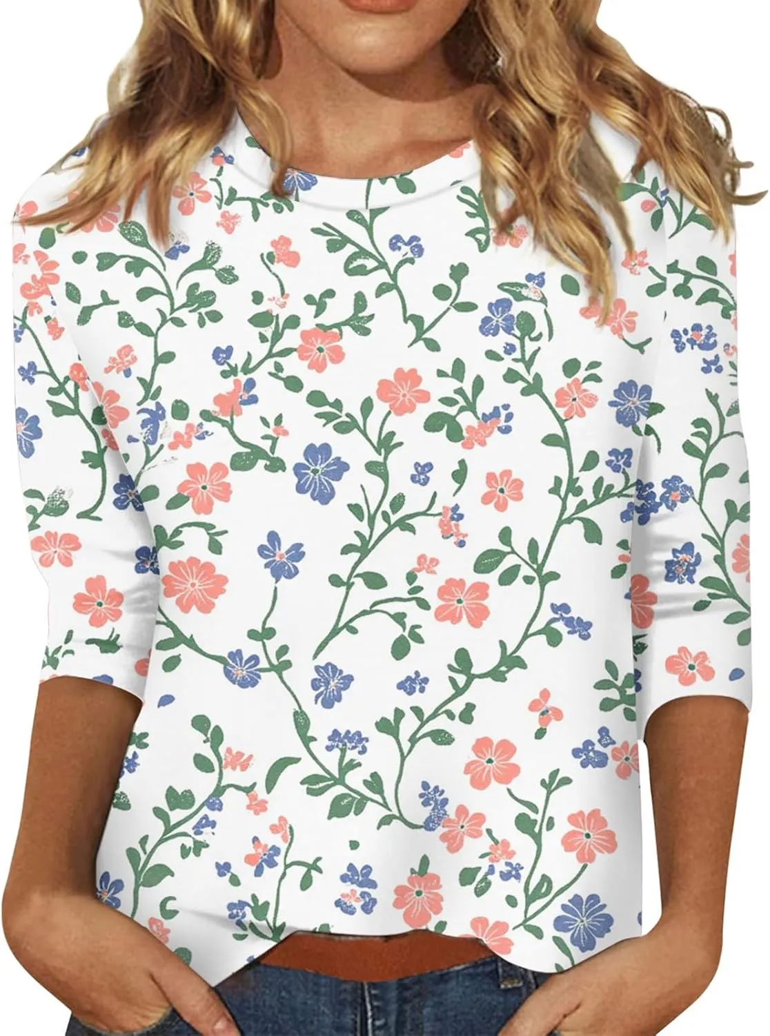 3/4 Sleeve Tops for Women 2025 Summer Casual Scoop Neck Boho Floral Tops for Women Business Work Blouses
