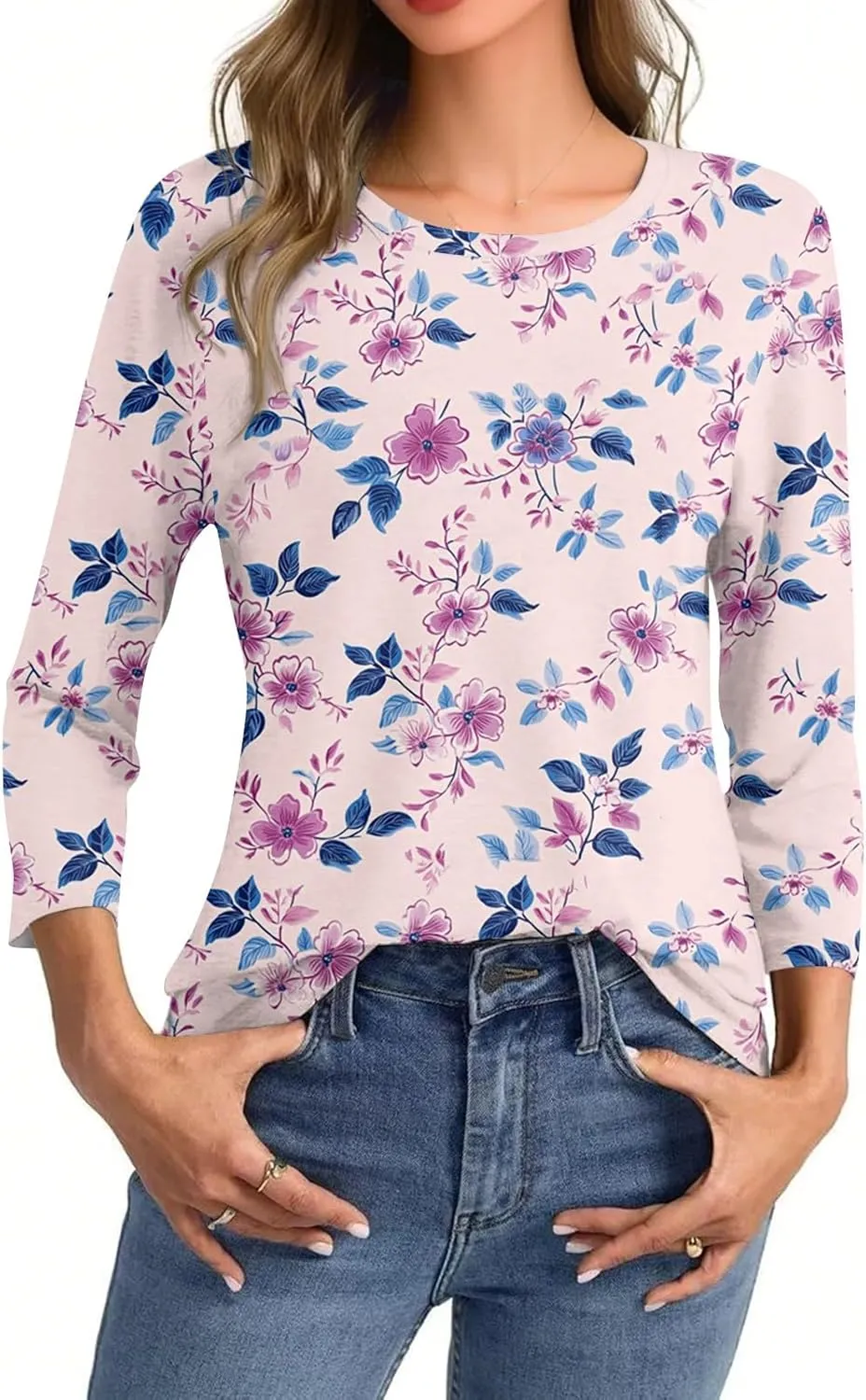 3/4 Sleeve Tops for Women 2025 Summer Casual Scoop Neck Boho Floral Tops for Women Business Work Blouses