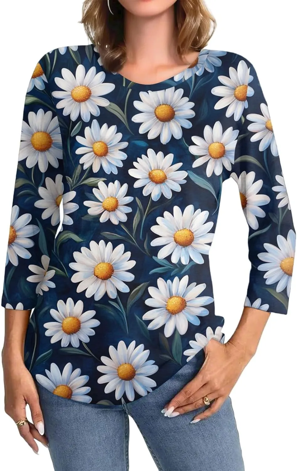 3/4 Sleeve Tops for Women 2025 Summer Casual Scoop Neck Boho Floral Tops for Women Business Work Blouses