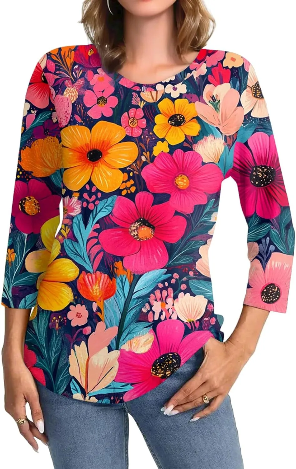 3/4 Sleeve Tops for Women 2025 Summer Casual Scoop Neck Boho Floral Tops for Women Business Work Blouses