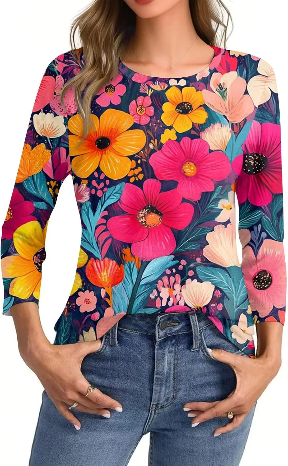 3/4 Sleeve Tops for Women 2025 Summer Casual Scoop Neck Boho Floral Tops for Women Business Work Blouses