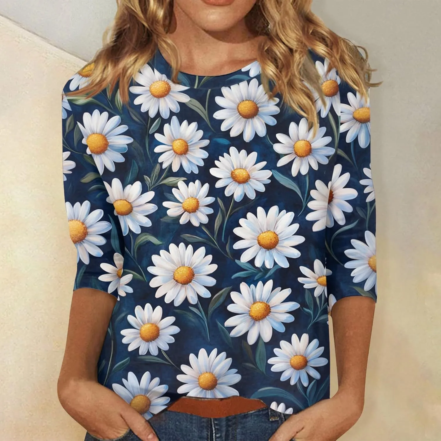 3/4 Sleeve Tops for Women 2025 Summer Casual Scoop Neck Boho Floral Tops for Women Business Work Blouses