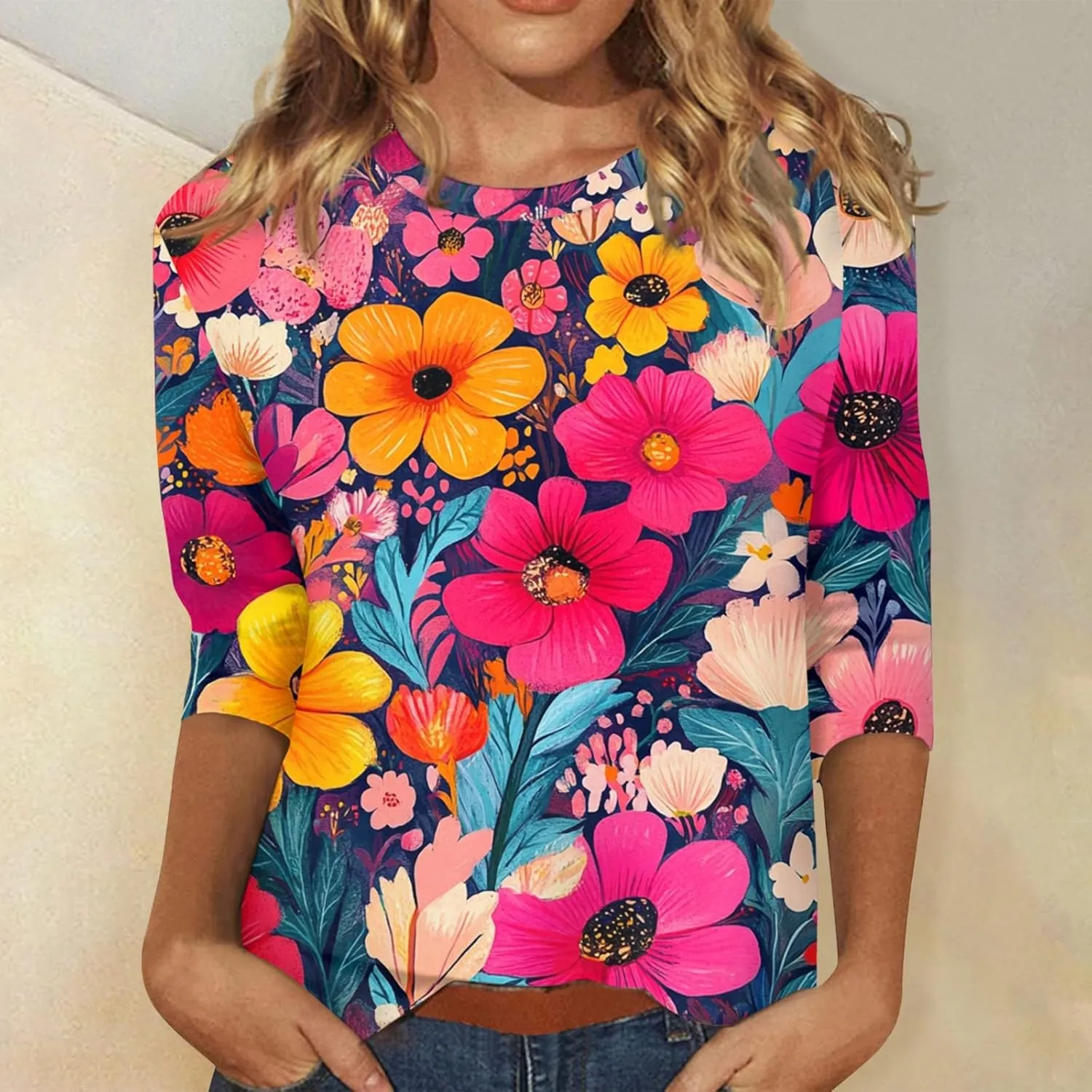 3/4 Sleeve Tops for Women 2025 Summer Casual Scoop Neck Boho Floral Tops for Women Business Work Blouses