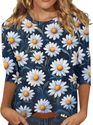 3/4 Sleeve Tops for Women 2025 Summer Casual Scoop Neck Boho Floral Tops for Women Business Work Blouses