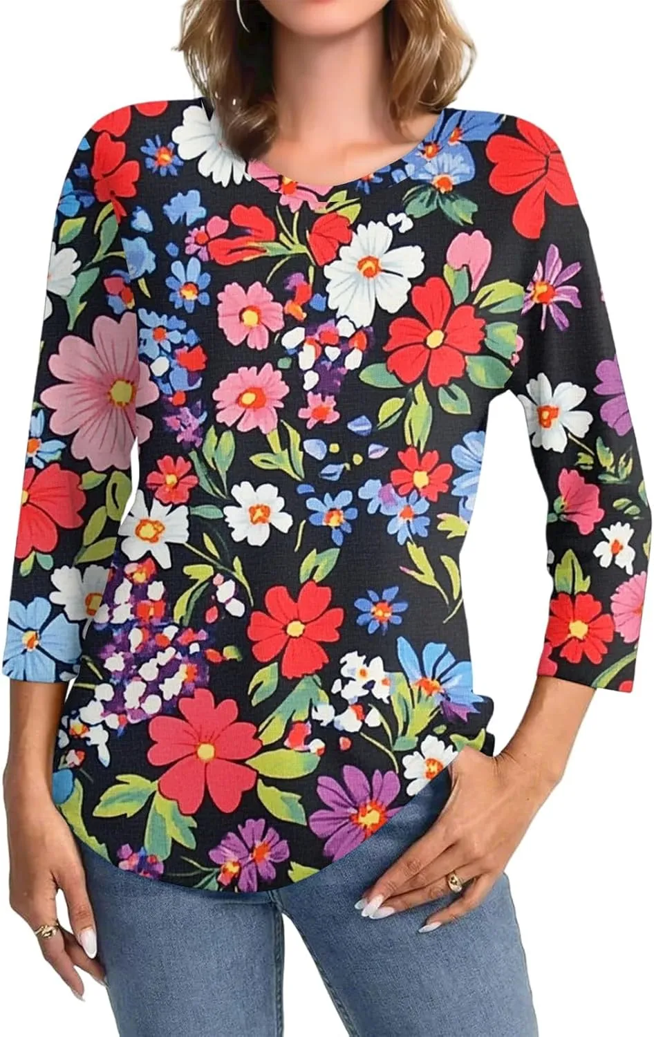 3/4 Sleeve Tops for Women 2025 Summer Casual Scoop Neck Boho Floral Tops for Women Business Work Blouses