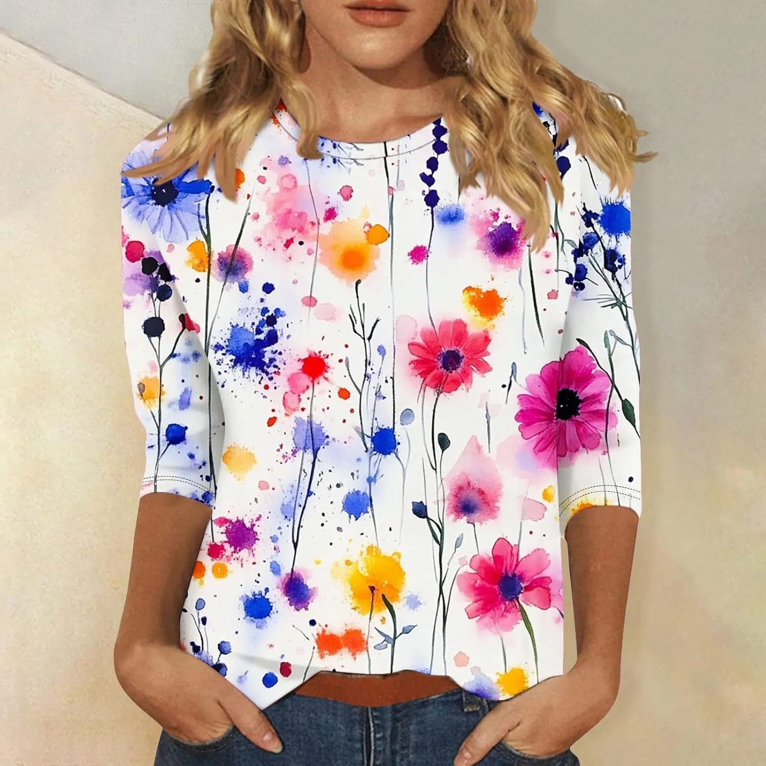 3/4 Sleeve Tops for Women Fashion Floral Print Graphic Tees Loose Fit Pullover Dressy Casual Crewneck Tunic Blouse
